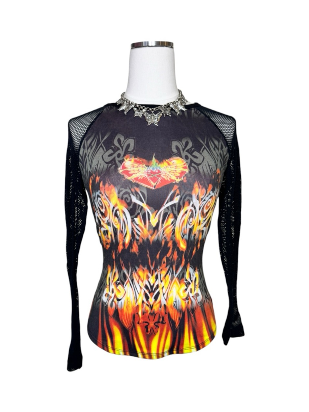 Y2K Eyeshadow Black Graphic Flame Long Sleeve Fishnet Sleeve Top Size Medium